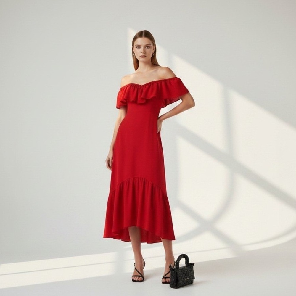 Reformation Red Linen Off Shoulder Ruffle Midi Dress Size 0 Smocked Back Zip